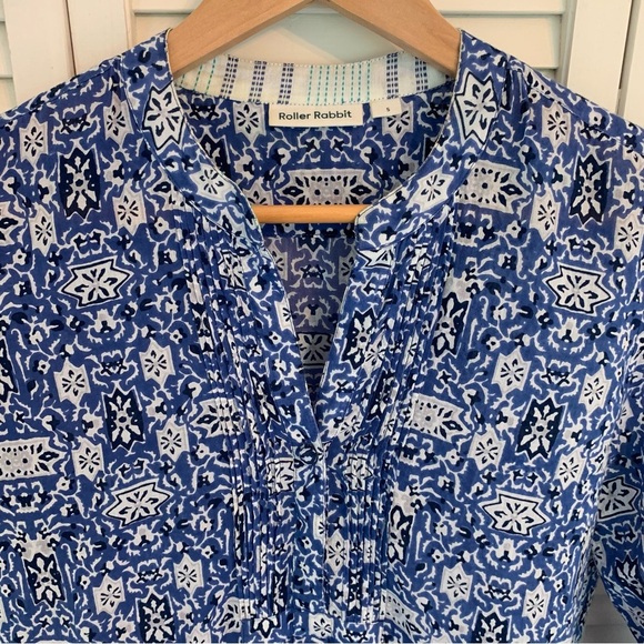 Roller Rabbit Blue White Cotton Tunic Top Small Lightweight Boho Blouse Beach - Picture 3 of 14